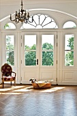 Dog relaxing in hall of Marihn castle, Germany