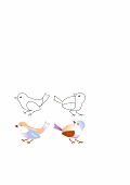 Illustration of two colourful birds and outline of them against white background