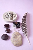 Stones, feather and other alternative medicine on purple background