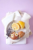 Bowl of lavender, chamomile, lemon and onions on hot water bag, overhead view