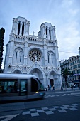 Tram passing in front of Notre Dame Basilica, Nice, France