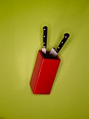 Two knives on knives block against green background