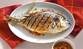 Whole grilled dorade on plate