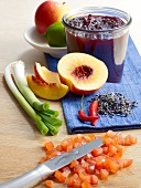 Chopped nectarine on wooden board