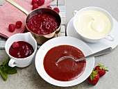 Fruit dessert sauces in serving dishes