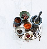 Various exotic spices on a tray