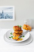 Sweet potato fritters with coconut and mango salsa