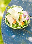 Spring rolls with salmon and herbs, in bowl, garden kitchen