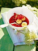 Butter dumplings with berries and elderberry sauce in bowl, garden kitchen