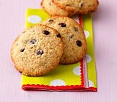 Chocolate chips cookies on yellow napkin