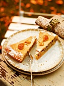 Pear and poppy seed pie on plate, garden kitchen
