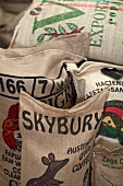 Close-up of sacks of raw coffee beans 