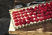 Raspberry pie with mascarpone cream in flan tin