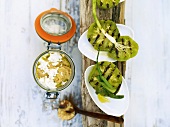 Grilled tomatoes and green lentil puree with feta