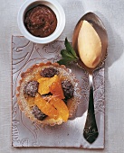 Blackberry tart with oranges, pecans and chocolate pesto in bowl