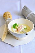 Cold cream of horseradish soup with smoked trout