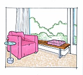 Illustration: Heizkörper verkleiden, Wohnzimmer, Sessel pink