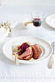 Spiced duck breast with a chestnut and red cabbage medley