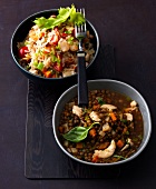 Two bowls with chicken pilaf and chicken lentil stew