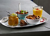 Homemade fruity chutneys and relishes in serving dish