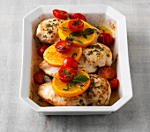 Fruity chicken breast in serving dish