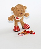 Teddybär, getrocknete Blüten, Herz rot.