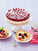 Raspberry cake with coconut and crispy tartlets with berries