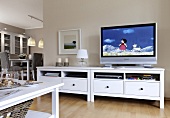 Flat screen TV on white furniture in living room