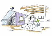 Zeichnung Wohnzimmer im Dachgeschoss , Sofa, Sessel, Holzbalken