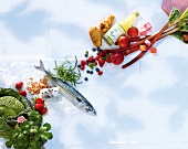 Fresh food arranged on white background