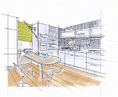 Illustration of kitchen equipment in kitchen