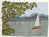 Illustration of landscape, lake and sailboat