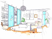 Illustration of living room with sofa, coffee table, wardrobe and sliding doors