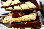 Close-up of white and dark chocolate bars