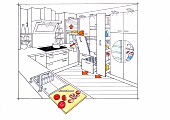 Illustration of kitchen with kitchen worktop, sink and stove