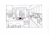 Illustration of kitchen with kitchen worktop and stove