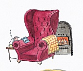 Illustration, Sessel vor einem lodernden Kamin