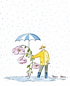 Illustration, Rose und Mann mit schützendem Regenschirm