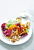 Pumpkin salad with radicchio, chanterelles and cucumber on plate