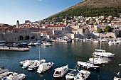 View of sail boats moored at Dubrovnik Old Town Port, Croatia