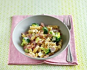 Ham, pasta and broccoli in bowl