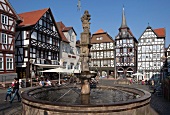 View of Guild House, Roland Fountain and marketplace of Fritzlar, Hesse, Germany