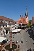 View of market square near City hall in Michel City, Odenwald, Hesse, Germany