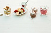 Four types of desserts on white background