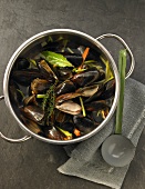 Mussels in wine & vegetable broth in casserole