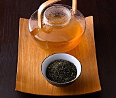Green tea on wooden board