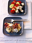 Gorgonzola cream with pears, tomatoes, cucumber and feta on plates
