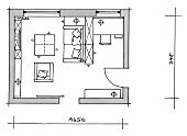 Illustration, Grundriss, Wohnzimmer mit Arbeitsplatz