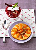 Apricot quark omelette with pear and cranberry dessert on table