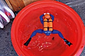 Toy scuba diver floating in red tub, Brooklyn, New York, USA
